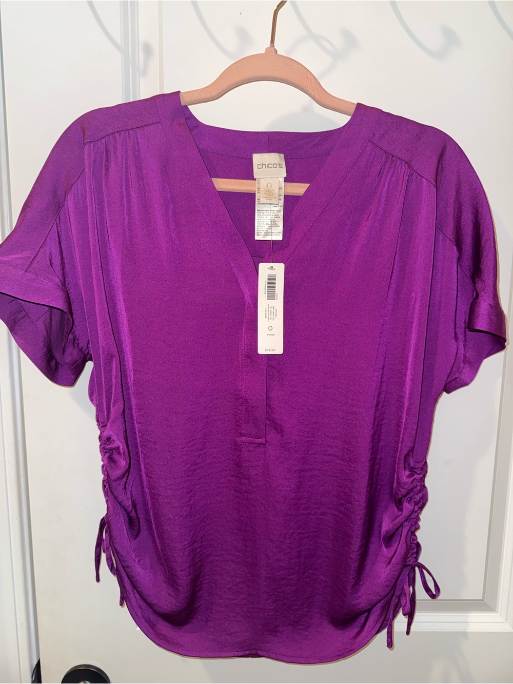 Chico's Vibrant Purple V-Neck Ruched-Side Blouse